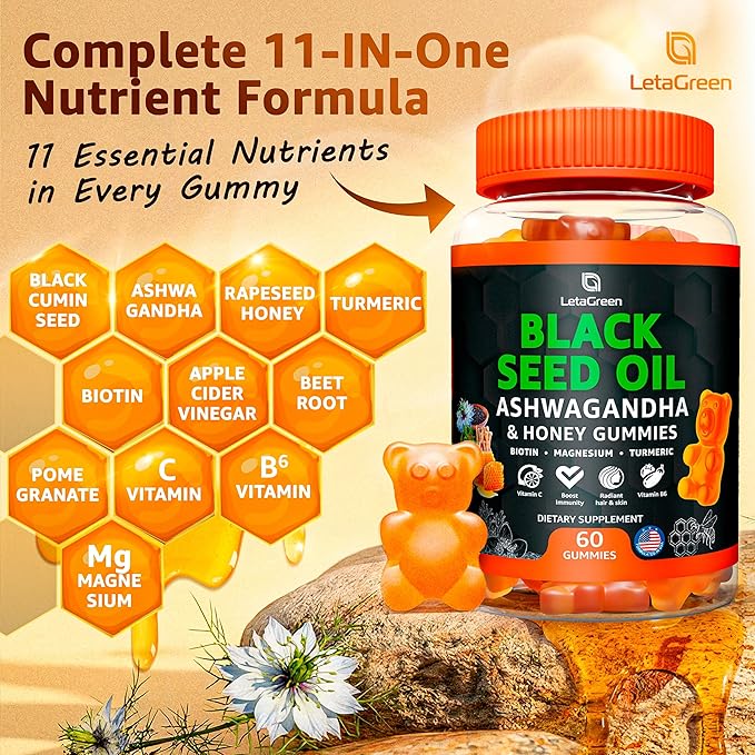 Black Seed Oil Gummies 500mg with Ashwagandha &amp Apple Cider Vinegar - Immune &amp Wellness Support Supplement with Vitamin C Biotin Turmeric - 60 Organic Gummy Bears for Hair &amp Skin
