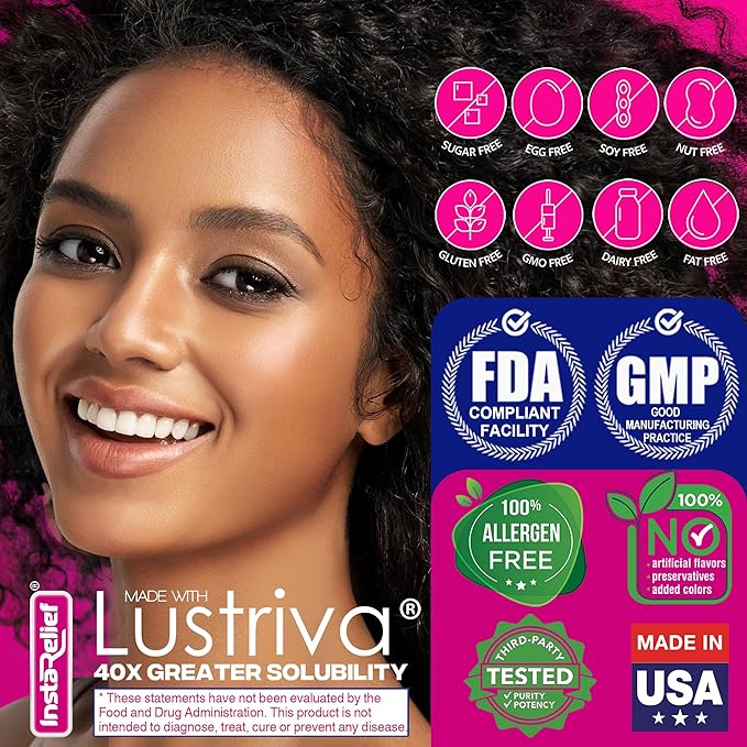 InstaRelief® Hair Growth with Lustriva® - Clinically Shown to Grow Thicker Healthier Hair in 3 Weeks Reduce Wrinkles and Fine Lines with Biotin Silicon and Arginine 60 Tablets