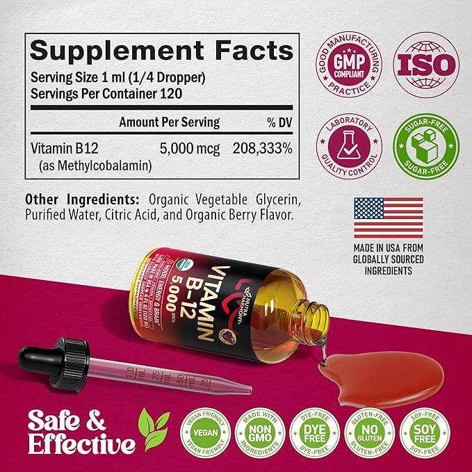 USDA Organic Vitamin B12 Sublingual Drops - 5000 mcg Liquid Vegan Methylcobalamin for Women &amp Men - Energy Boost Focus &amp Mood Brain Health Support - Maximize Absorption - 4 Month Supply 4 f