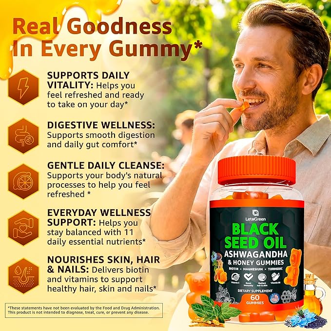 Black Seed Oil Gummies 500mg with Ashwagandha &amp Apple Cider Vinegar - Immune &amp Wellness Support Supplement with Vitamin C Biotin Turmeric - 60 Organic Gummy Bears for Hair &amp Skin