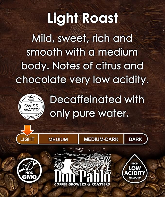 Don Pablo Colombian Decaf - Swiss Water Process Decaffeinated - Light Roast Gourmet Coffee - 100% Arabica Whole Bean Non-GMO Low Acidity 907g (2LB) Bag