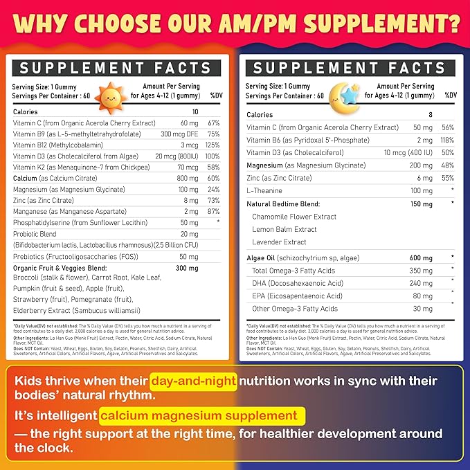 Kids Calcium Magnesium Supplement Gummies - Calcium Citrate 800mg with Magnesium Glycinate 200mg L-Theanine Vitamin D3 K2 &amp Omega-3 Multivitamin for Kids Day &amp Night Gummies - Vegan Sugar F
