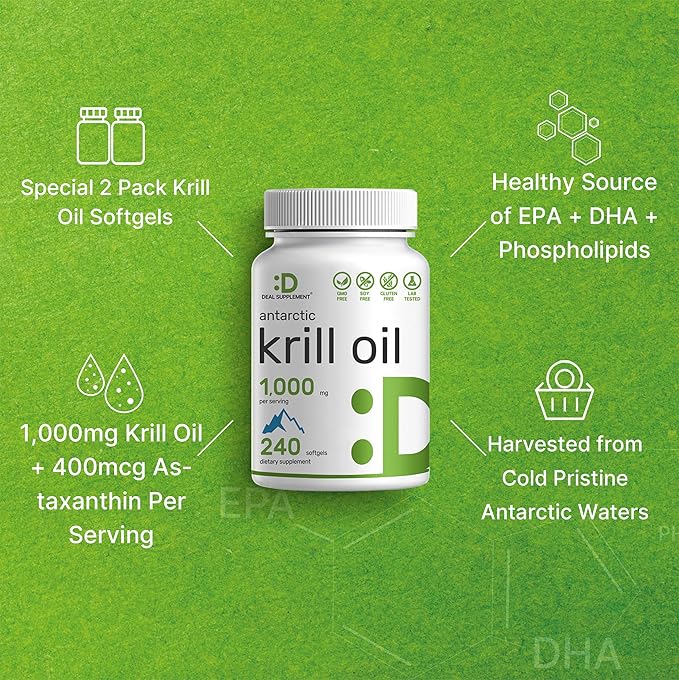 DEAL SUPPLEMENT 2 Pack Antarctic Krill Oil 1000mg Per Serving 480 Softgels – Mercury Free No Fishy Taste – Rich in Omega-3s EPA DHA Astaxanthin &amp Phospholipids – Non-GMO No Gluten
