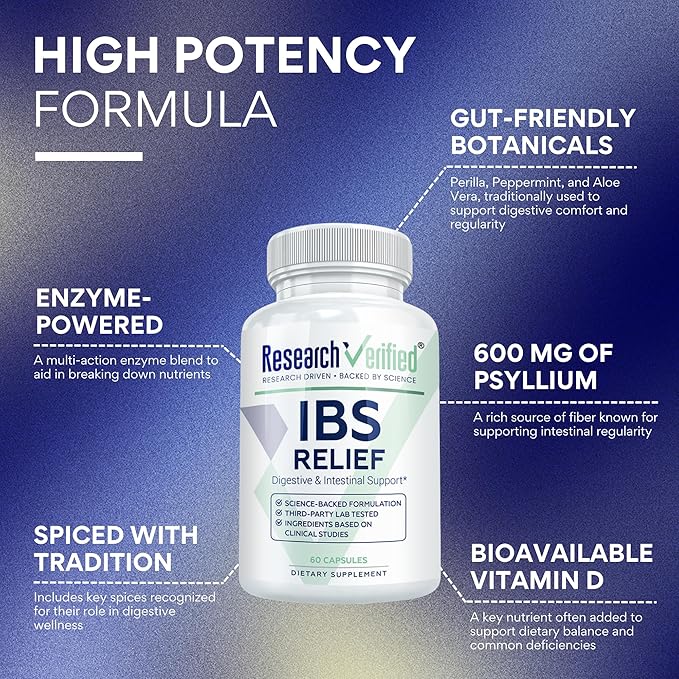 Research Verified IBS Relief - Natural Digestive Enzymes BioPerine - 60 Capsules - Pack of 6