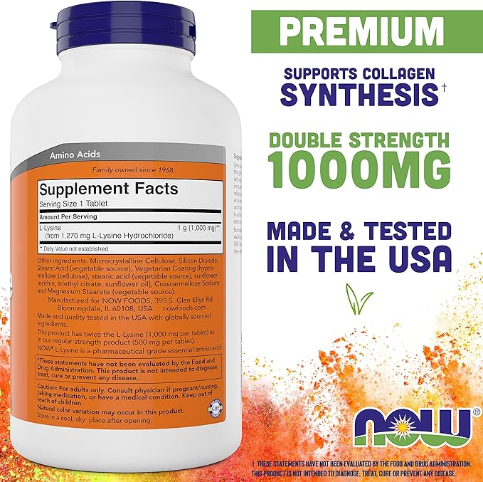 NOW Foods L-Lysine 1000mg - Double Strength - 300 Tablets (Pack of 2) - Non-GMO Amino Acid Supplement (Llysine Hydrochloride)- 1000 mg Tabs - Vegan/Vegetarian