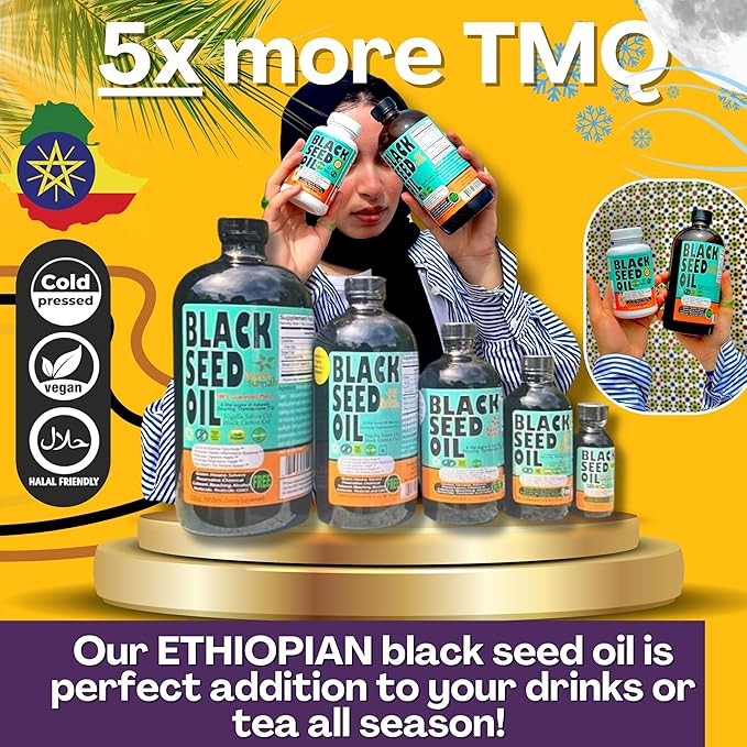 Ethiopian Black Seed Oil - 3.43% Thymoquinone Cold-Pressed Black Cumin Seed from Pure Nigella Sativa - First Pressing Blackseed Non-GMO Improved - 16 Oz Glass Bottle Sweet Sunnah