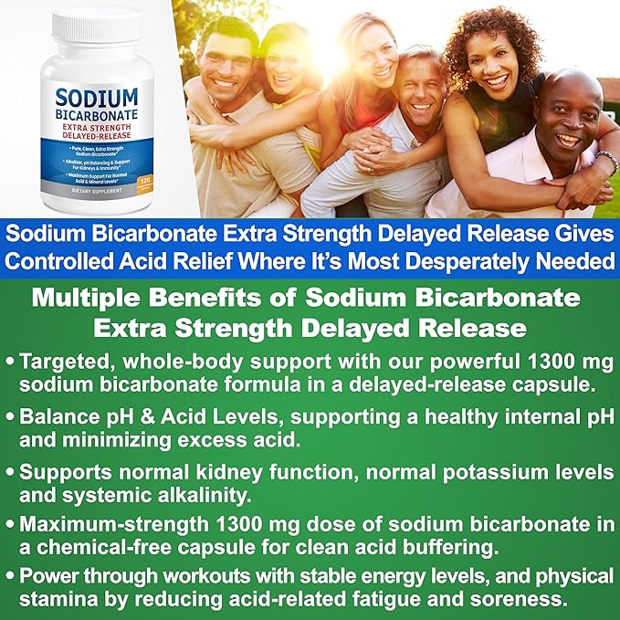 Sodium Bicarbonate Capsules Extra Strength 1300mg Organic Use Sodium Bicarbonate Tablets. Pure Bicarbonate of Soda Strongest Pill of Bicarbonato De Sodio para Tomar Available 120 Sodium Tablets