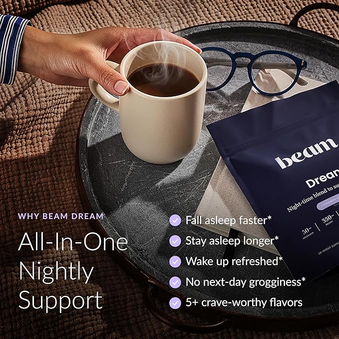 Beam Dream Sleep Powder – Sleep Aid for Adults with Melatonin Magnesium L-Theanine Reishi Mushroom &amp Apigenin Sleep Supplement Sleepy Cocoa Bedtime Drink Mix Starter Set 10 Servings &amp Fr