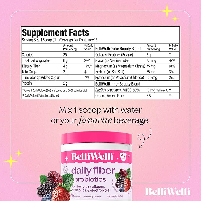 Belli Welli Daily Fiber Supplement Bundle with Collagen Probiotics &amp Electrolytes – Wild Berry &amp Watermelon Flavors – Supports Digestive Health Gut Balance &amp Debloating – 32 Servings Tot