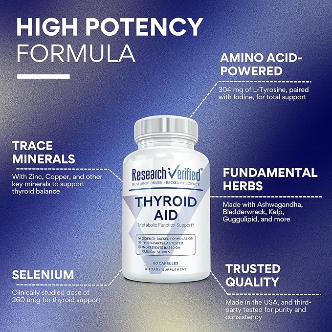 Research Verified® Thyroid Aid - Optimal Thyroid Function with Iodine Copper &amp Zinc - 260 mcg Selenium - 100% Pure - Vegan Friendly - 60 Capsules - 3 Month Supply