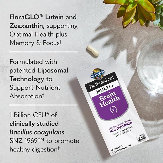 Garden of Life Dr Formulated Multi+ Brain Health Fermented Liposomal Multivitamin + Lutein &amp Zeaxanthin Vitamin D3 &amp Probiotics - Memory &amp Focus Support Digestive &amp Immune Health 3