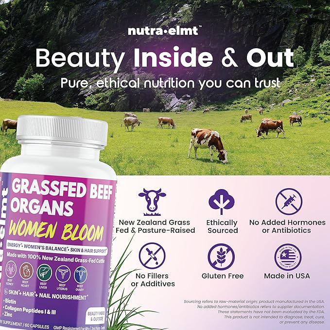 Beef Organ Supplement for Women (Made in USA) Enhanced w Biotin Collagen Peptides &amp Zinc - 5 Organ Blend Grass Fed Uterus Ovary Liver Kidney Heart – New Zealand Sourced – 60 Capsules
