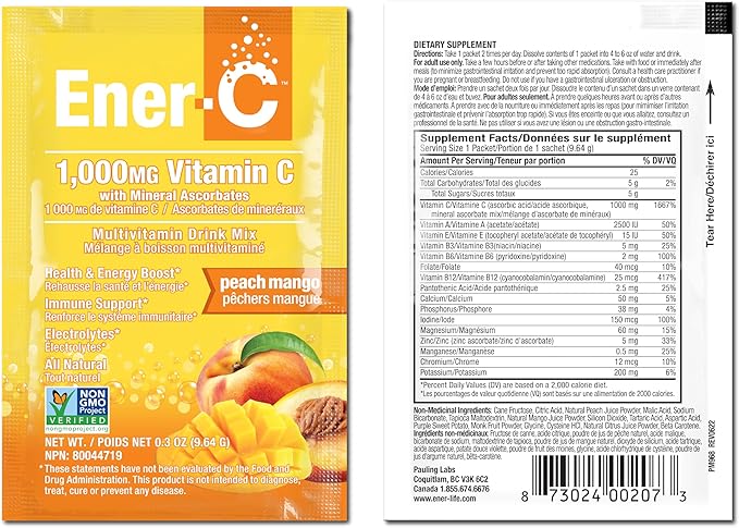 Ener-C Multivitamin Drink Mix - Vitamin Packets for Water Electrolytes Powder Packets Vitamin Drink Mix Hydration Liquid Mix Immune Booster for Adults Healthy Energy - Peach Mango 60 Count