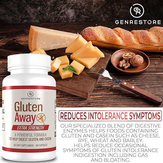 Restore Gluten Away Dietary Supplement – Extra Strength Digestive Enzyme Health Gluten &amp Casein Slower Digestion Release Protein Amino Acid in Bloodstream for Men and Women – 60 Capsules.
