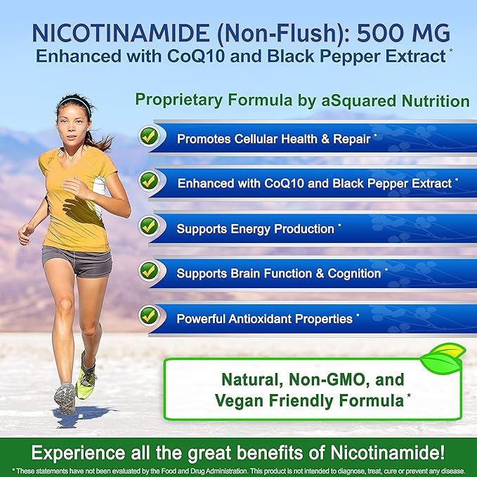 Nicotinamide with CoQ10 (120 Capsules) - Vitamin B3 500mg (Niacinamide Flush Free) - Coenzyme Q10 Powder - VIT B-3 &amp Coq 10 Supplement Pills to Support Energy NAD &amp Skin Cell Health