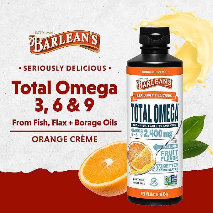 Barlean's Total Omega 3 6 9 Liquid Fish Oil Supplement with Borage and Flaxseed Oil Orange Crème 2400 mg of EPA DHA and GLA Fatty Acids 16 oz