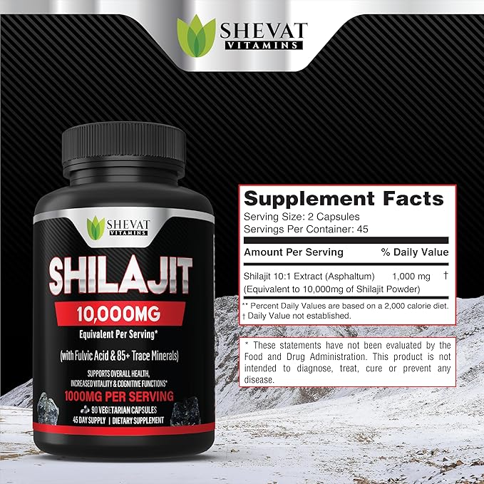 Shilajit Capsules 22000mg and 85+ Trace Minerals for Energy &ampImmune Support-Organic shilajit for Men &amp Women Non-GMO Shilajit Pills for Men Made in USA (Packaging May Vary)