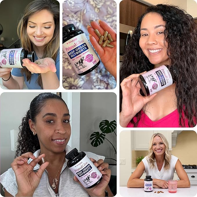 Beef Organ Supplement for Women | Grass-Fed Pasture-Raised New Zealand Bovine | 7 Organ Extracts with Liver Heart Kidney Bone Marrow &amp More Energy Digestion &amp Skin Support Primal Glow 30
