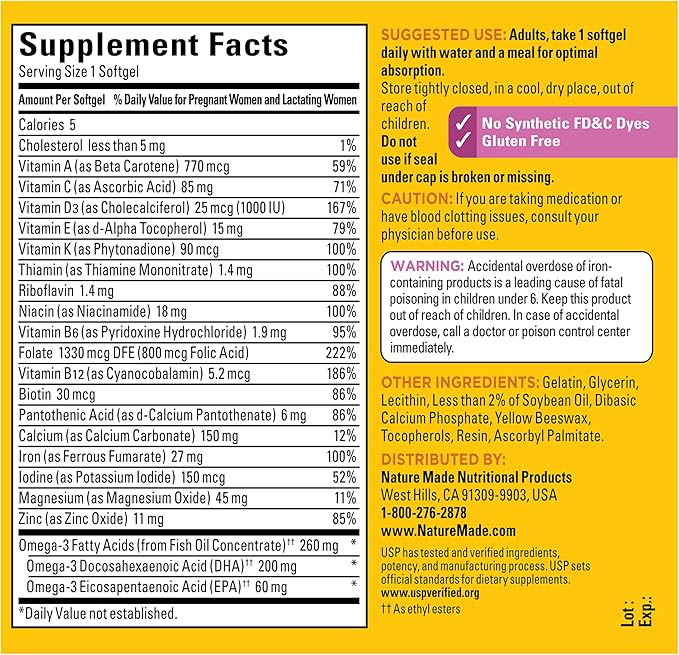 Nature Made Prenatal Vitamins for Women with Folic Acid + DHA Prenatal Vitamin and Mineral Supplement for Daily Nutritional Support 110 Softgels 110 Day Supply