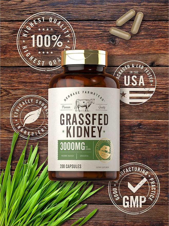 Carlyle Grass Fed Beef Kidney Supplement | 200 Capsules | 3000mg | Pasture Raised Desiccated Bovine Supplement | Hormone and Pesticide Free | Non-GMO Gluten Free | by Herbage Farmstead