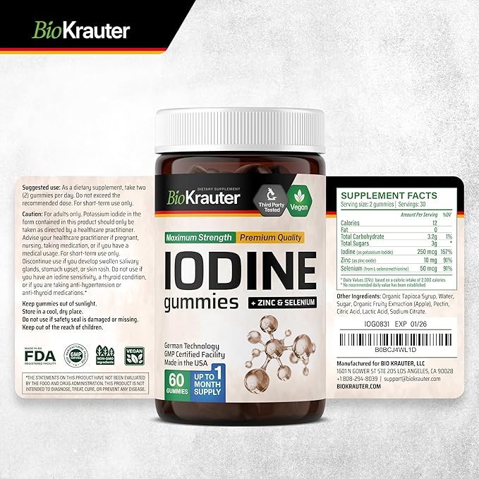 BIO KRAUTER® Iodine with Zinc and Selenium for Thyroid Support - Vegan Potassium Iodide for Antioxidant &amp Immune Support - Selenium Supplements for Women - 60 Gummies Non-GMO Apple Flavor