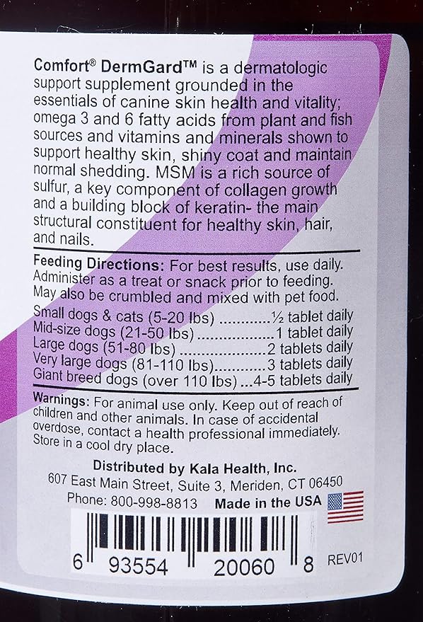 Kala Health Comfort DermGard Skin and Coat Supplement for Dogs 60 Count Supports Healthy Skin Shiny &amp Reduce Excessive Shedding Contains MSM Fish Oil &amp Omega 3 6 and 9 Essential Fatty a
