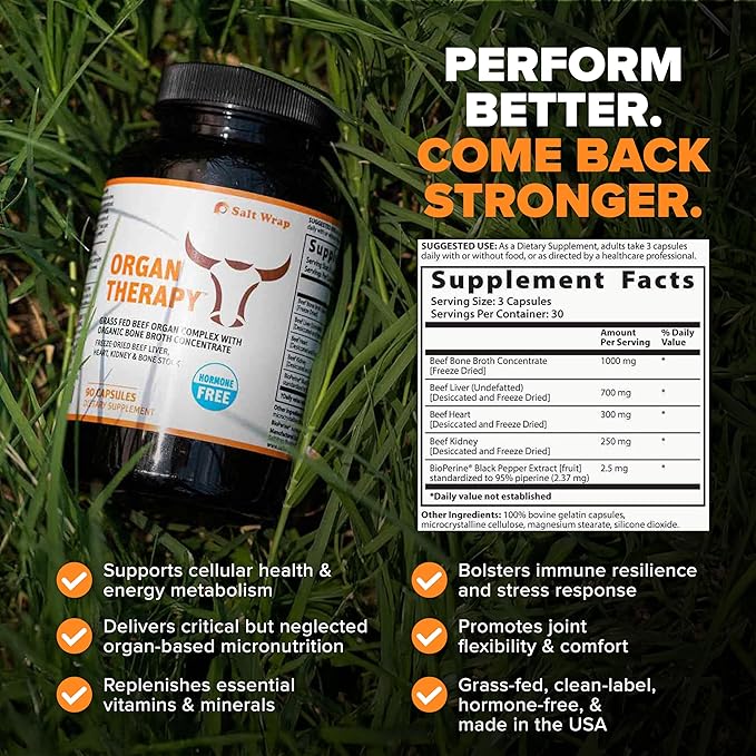 SaltWrap Organ Therapy - Grass Fed Beef Organ Meat Complex Supplement with Organic Bone Broth Concentrate (Beef Liver Heart Kidney and Bone Broth Capsules with BioPerine) Desiccated 90 Capsules