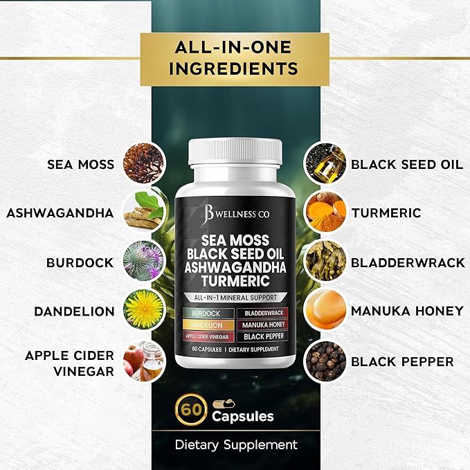 Sea Moss Black Seed Oil Ashwagandha Turmeric Bladderwrack Burdock - with Manuka Honey Dandelion ACV Black Pepper Gluten Free- 120 Count