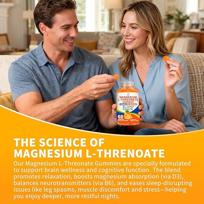(3 Pack) Magnesium L-threonate Gummies 1000mg for Kids &amp Adults High Absorption Magnesium Threonate with L - Theanine Vitamin D3 &amp B6 for Muscle Nervous System Sugar-Free Orange Flavor