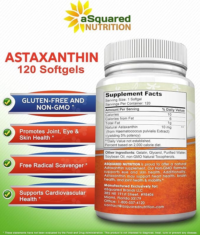 aSquared Nutrition Astaxanthin Supplement - Natural Astaxanthin Pills from Haematococcus Pluvialis Extract for Pure Energy - Max Strength 10mg - 120 Softgels (Pack of 2)