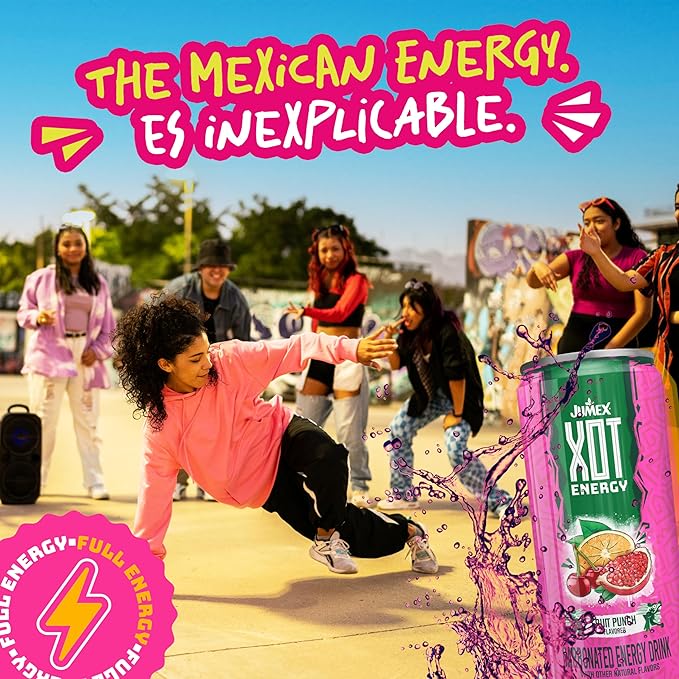 Jumex XOT Energy Drink - Fruit Punch - Natural Caffeine from Mexican Coffee Beans - Carbonated Preworkout with Vitamin B2 B3 B5 B12 - Mexican Drinks - Bebidas Energéticas - 12 Fl oz 12 Pack Cans
