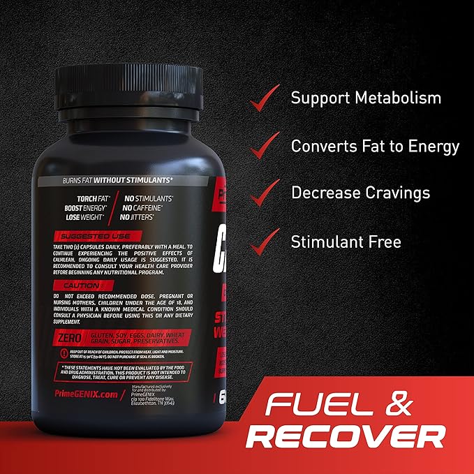 PrimeGENIX CalmLean Stimulant-Free Fat Burner | Weight Loss Supplement for Men | Appetite Suppressant Metabolism Booster | Thermogenic Nutrients | Non-Stimulant Fat Loss Formula