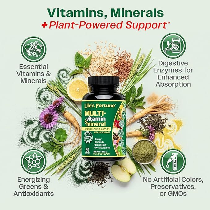 Life's Fortune Whole Food Multivitamin &amp Mineral Supplement for Men &amp Women | Daily Energy Support Vitamins | Immune Brain &amp Metabolism Support | Iron Free 60 Vegetarian Tablets