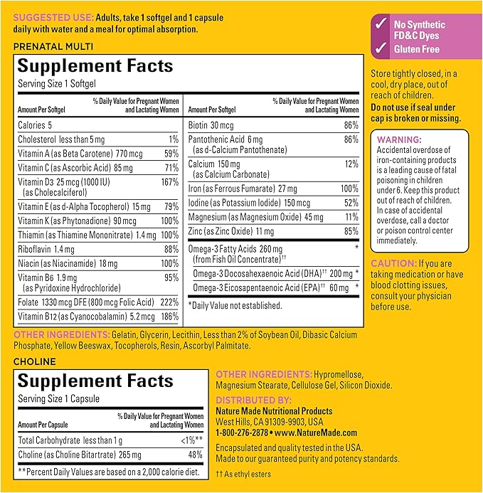 Nature Made Prenatal Vitamin Softgels + Choline Capsules Folic Acid + DHA + Choline 60 Prenatal Vitamins for Women 60 Choline Supplements Capsules 60 Day Supply