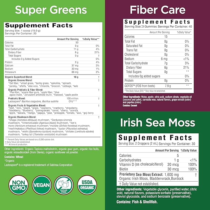 COUNTRY FARMS Super Greens Natural &amp Fiber Gummies with Bonus Sea Moss Tincture Natural Energy Support Digestive Health Supports Regularity Bundle Pack