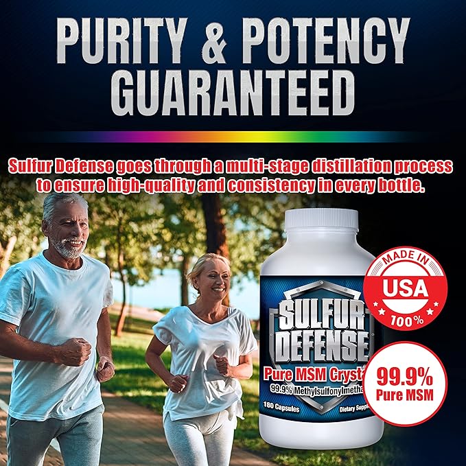 Sulfur Defense Opti-MSM 99.9% Pure MSM Powder Capsules Made in USA Organic Methylsulfonylmethane non-GMO Gluten-Free Immune System Booster Soothes Joint Pain Younger Skin Hair Nails 180 caps