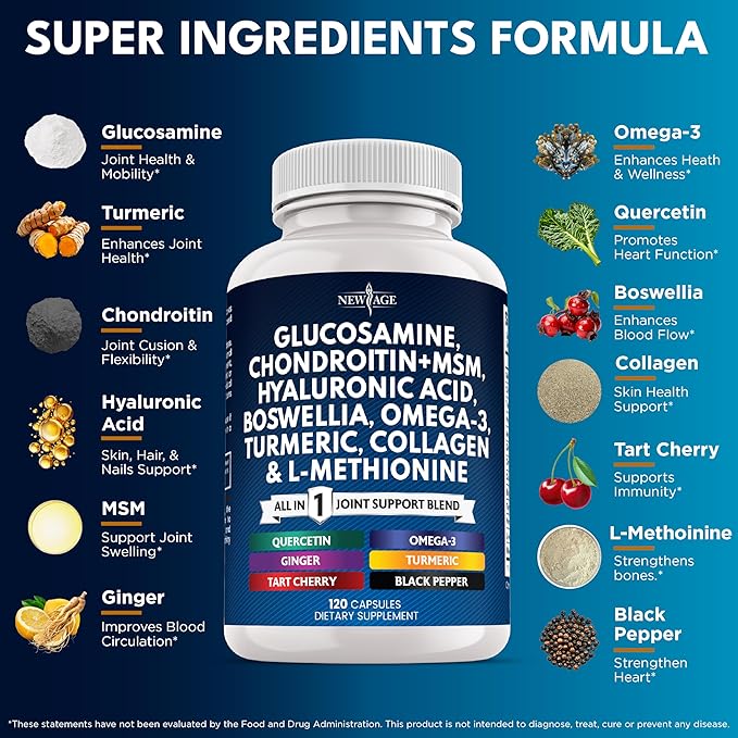 Glucosamine Chondroitin MSM Turmeric Curcumin Collagen Hyaluronic Acid Omega 3 – Health Supplement for Men &amp Women – 360 Count