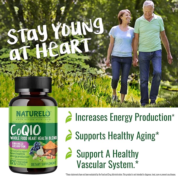 NATURELO Whole Food CoQ10 Supplement 120 Veg Capsules Heart Health Blend Powerful Antioxidant CoQ10 100mg Supports Energy Production