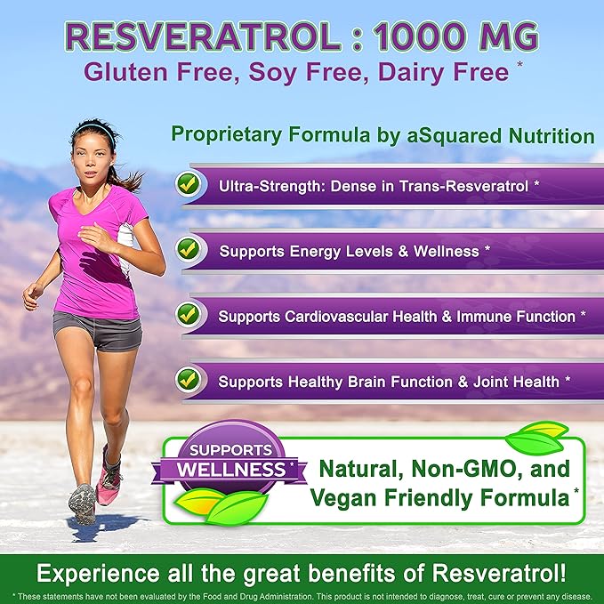 100% Natural Resveratrol - 1000mg Per Serving Max Strength (180 Capsules) Antioxidant Supplement Trans-Resveratrol Pills for Heart Health &amp Pure Polyphenols (Pack of 2)