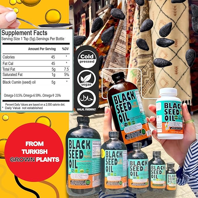 Black Seed Oil 8 Oz - Premium Nigella Sativa Cold-Pressed Turkish Black Cumin Oil - High Strength 3X Thymoquinone - Natural Support - Super Food