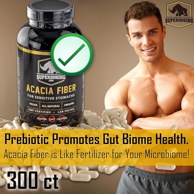 Fast Acting Organic Acacia Senegal Fiber Capsules 300pk. Natural Soluble Fiber Supplement Pill. Vegan Prebiotic Capsules.