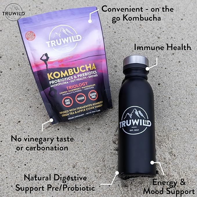 TruWild Natural Kombucha Powder Probiotic Supplement Vegan Drink Mix – Gut Health Digestive Enzymes w/Live Cultures + Apple Cider Vinegar &amp Prebiotics – 20 Servings