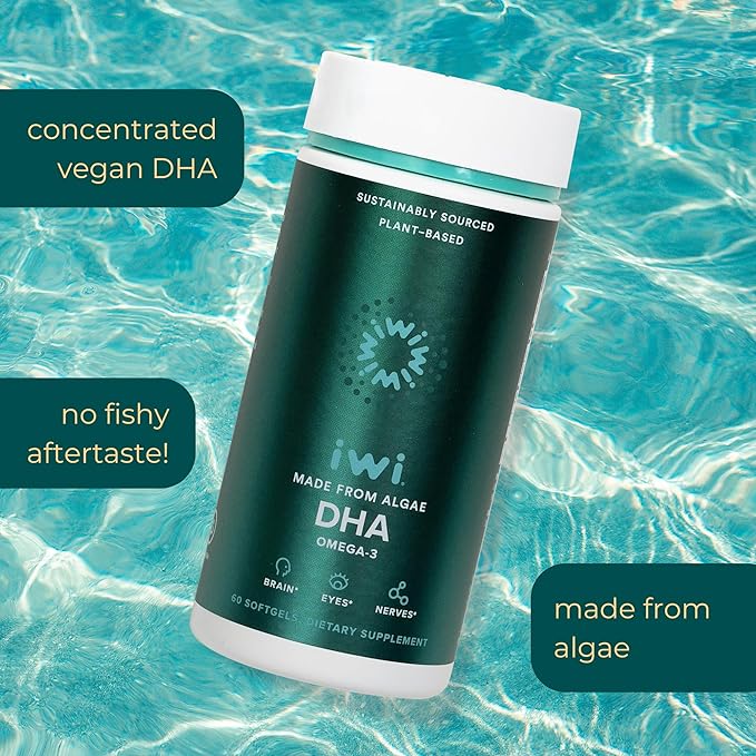 Iwi DHA Omega-3 60 Softgels (30 Servings) Plant-Based Algae Omega 3 Brain Eyes &amp Nervous System Support Dietary Supplement Krill &amp Fish Oil Alternative No Fishy Aftertaste