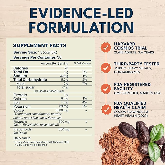 High Flavanol Cocoa Powder Supplement 1200mg Cocoa Flavanols &amp Flavonoids 30 Servings for Support Heart Health Blood Flow &amp Nitric Oxide Dark Cocoa Flavor