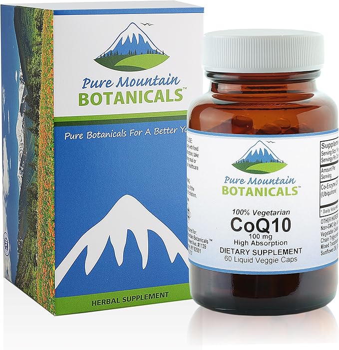 Pure Mountain Botanicals Coq10 100mg Softgels - 60 Vegan Kosher Capsules with Ubiqunone Coenzyme Q10 Supplement