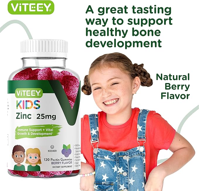 Viteey Zinc for Kids Gummies 25mg - Immune Support for Kids &amp Teens - Powerful Natural Antioxidant Kids Zinc Vitamin Supplement - Vegan Gelatin Free Gluten Free - Tasty Chewable Berry Flavor G