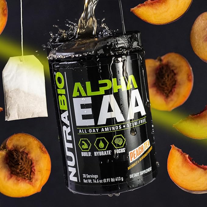 NutraBio Alpha EAA - All-Day Amino Acids for Muscle Growth and Hydration - Essential Amino Acids with Nootropics &amp Adaptogens- Full Spectrum EAA BCAA Powder - 30 Servings - Peach Tea
