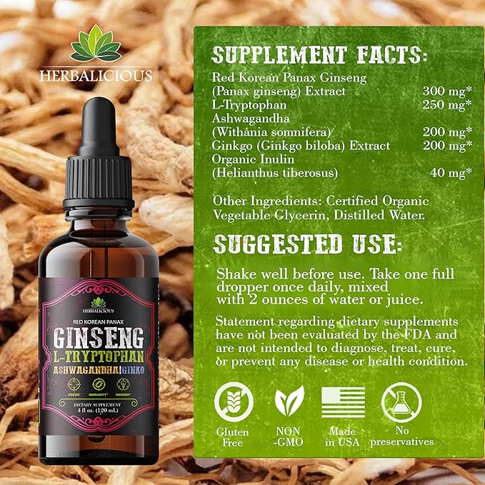 Red Korean Panax Ginseng Liquid Drops with L-Tryptophan Ashwagandha &amp Ginkgo – Herbal Adaptogen Blend for Daily Wellness – Alcohol Free Liquid Supplement – 4 fl oz (120 mL)
