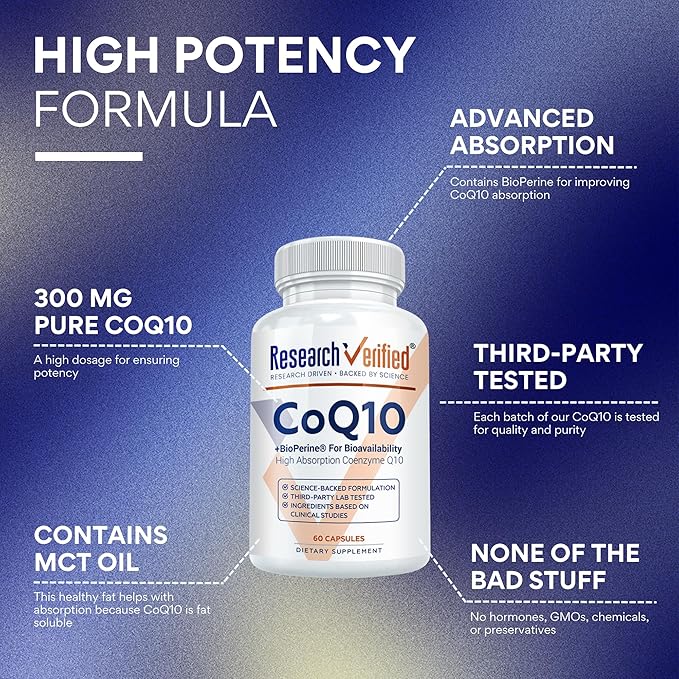 Research Verified CoQ10-100% Pure Extra Strength 300mg CoQ10 – Improved Absorption and Bioavailability with Bioperine - Boost Antioxidant Levels Improve Cardiovascular Health 360 Vegan Capsules