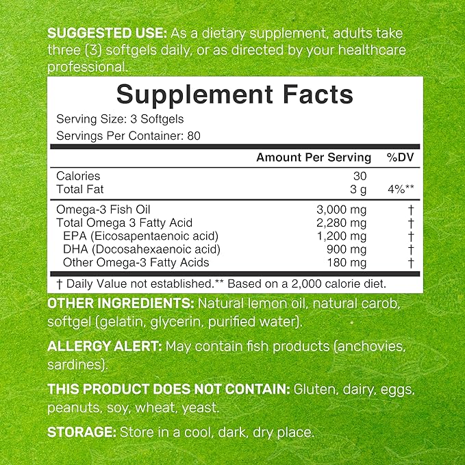 DEAL SUPPLEMENT Omega 3 Fish Oil Supplements 3000mg Per Serving 240 Softgels – EPA 1200mg + DHA 900mg – Burpless Pills Lemon Flavored Wild Caught – Brain &amp Heart Support – Mercury Free Non-